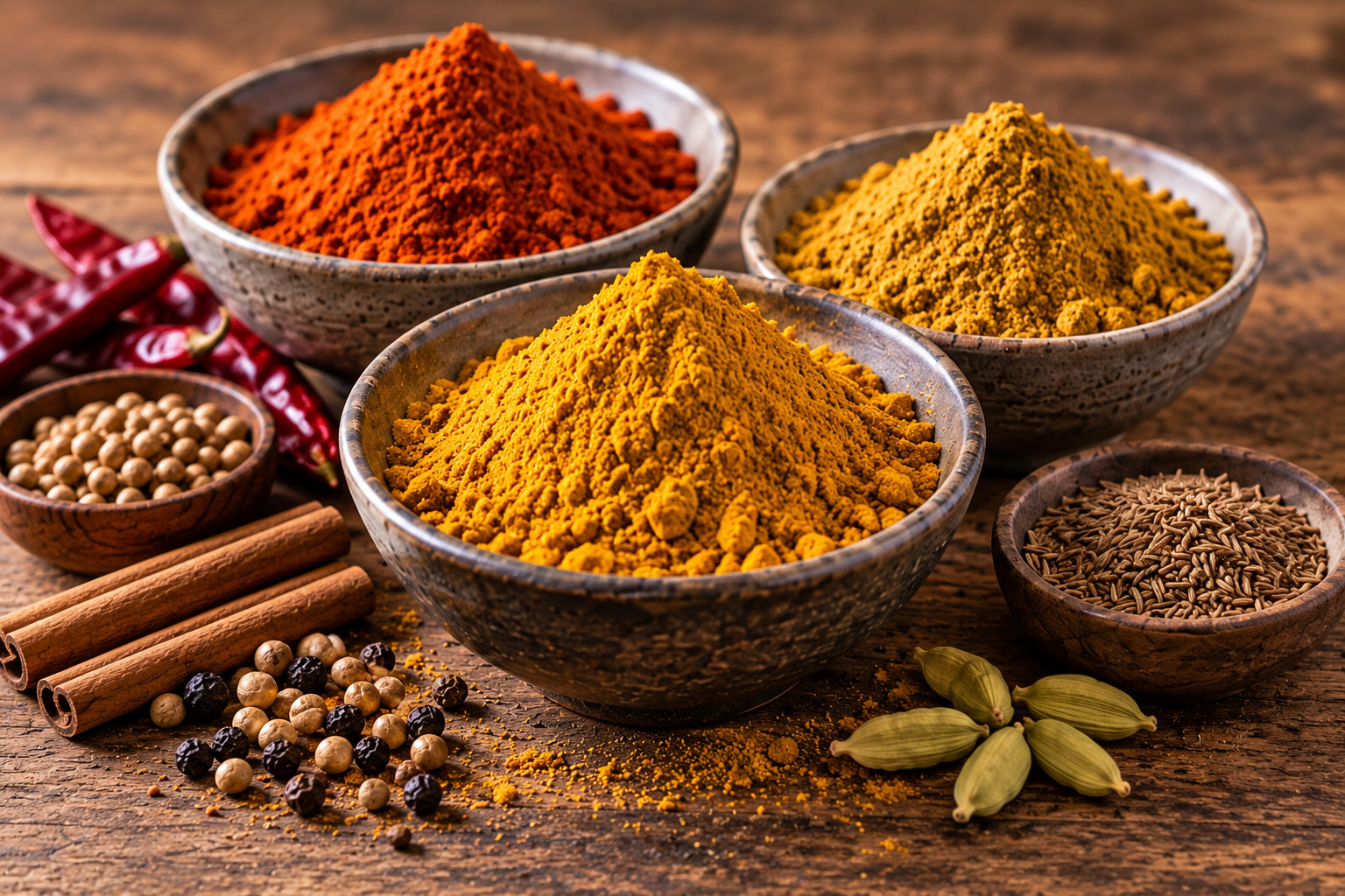 Various homemade curry powders in bowls