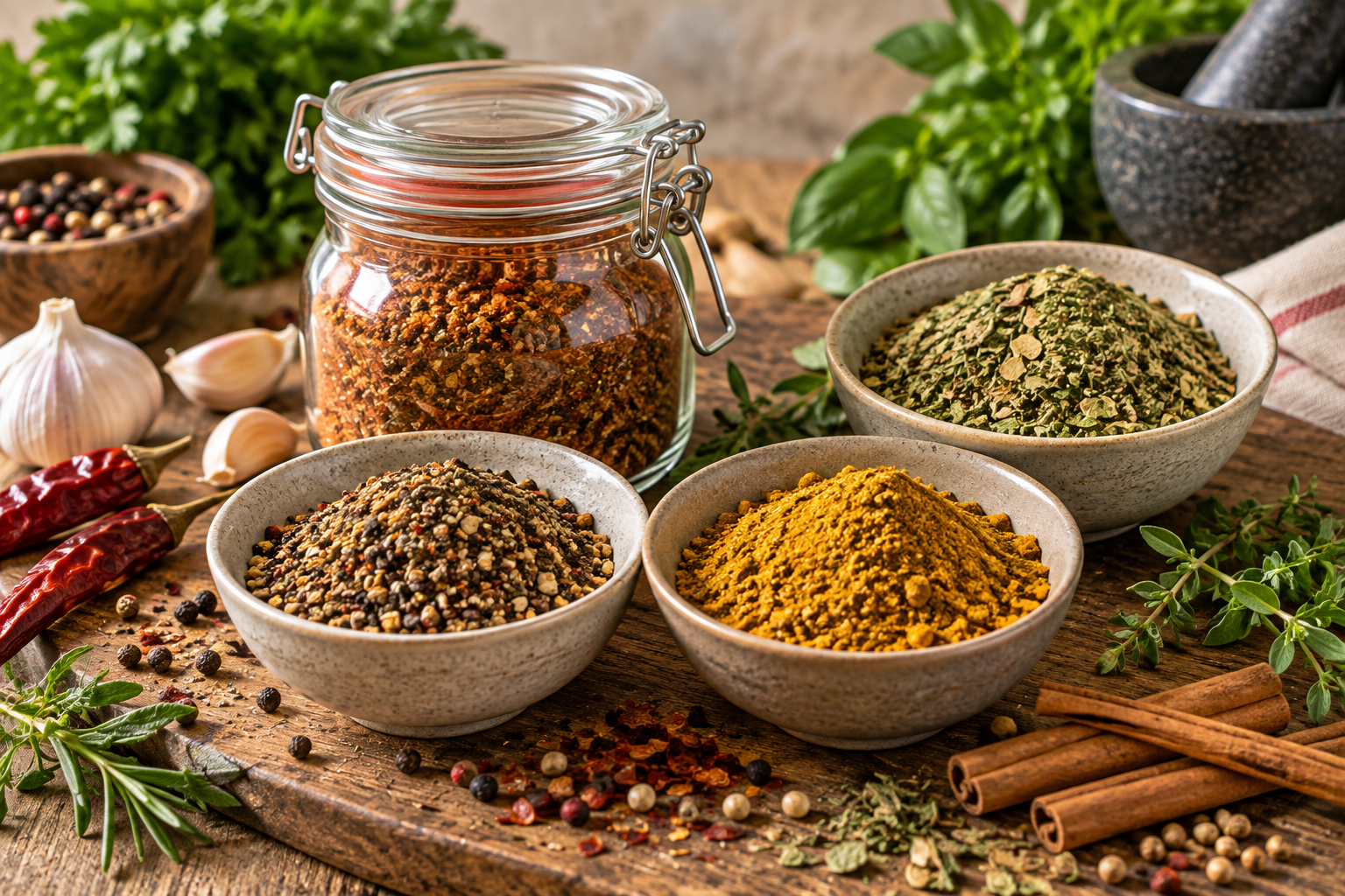 Homemade spice and herb blends in bowls and a glass jar